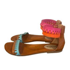 Stevies Girls 3 Tribal Gal Sandals Brown Pink Blue Ankle Strap Flats Open Toe